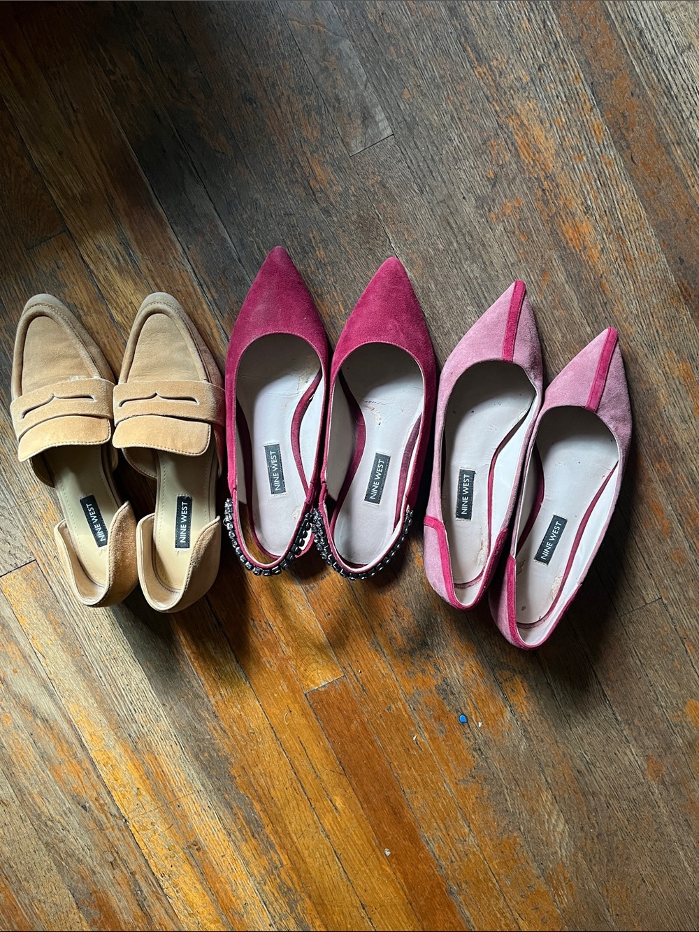 3 pairs of Nine West Suede Pointed-Toe Flats Trio .